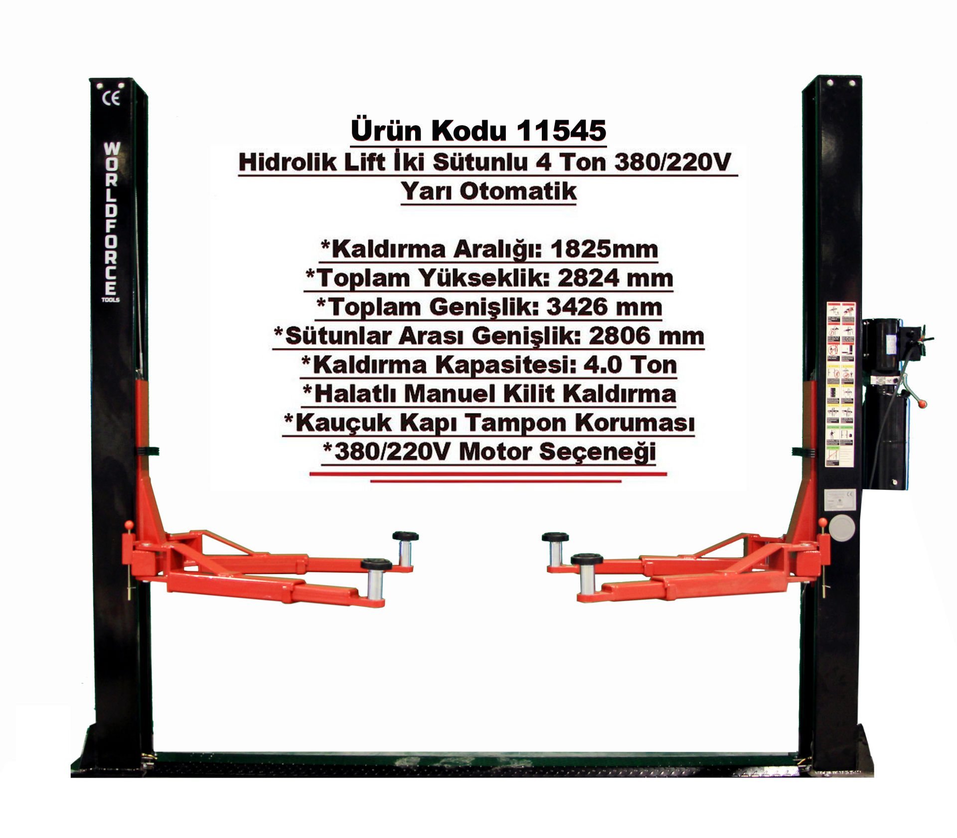 Hidrolik Lift İki Sütunlu 4 Ton 380V Yarı Otomatik