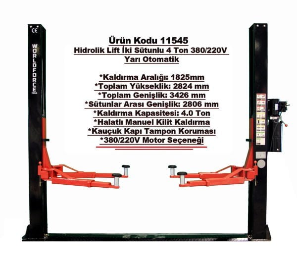 Hidrolik Lift İki Sütunlu 4 Ton 380V Yarı Otomatik