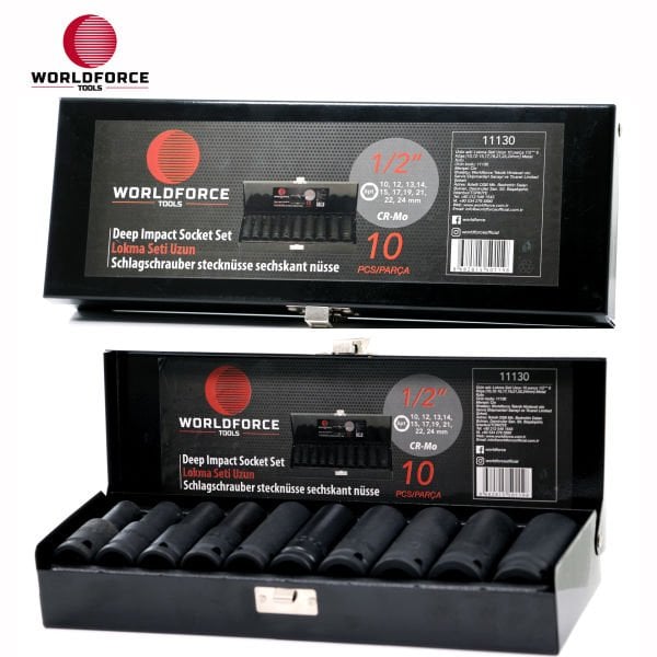 Lokma Seti Uzun 10 parça 1/2\'\' 6 Köşe (10,12- 15, 17, 19, 21, 22, 24mm) Metal Kutu