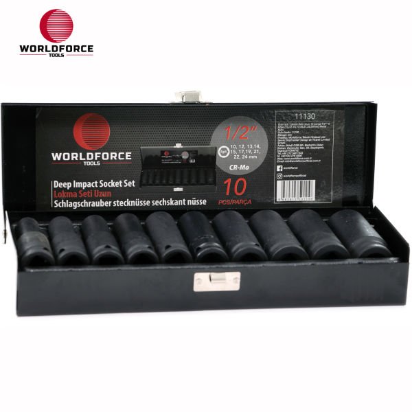 Lokma Seti Uzun 10 parça 1/2\'\' 6 Köşe (10,12- 15, 17, 19, 21, 22, 24mm) Metal Kutu