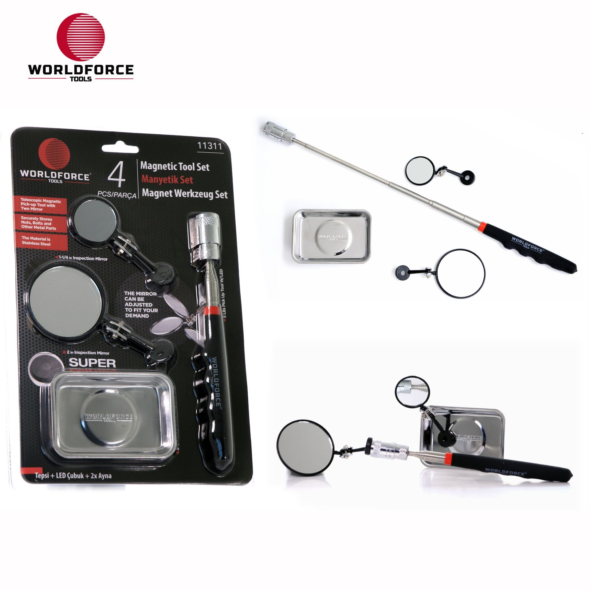 Manyetik Set 4'lü (Tepsi + LED Çubuk + 2x Ayna)