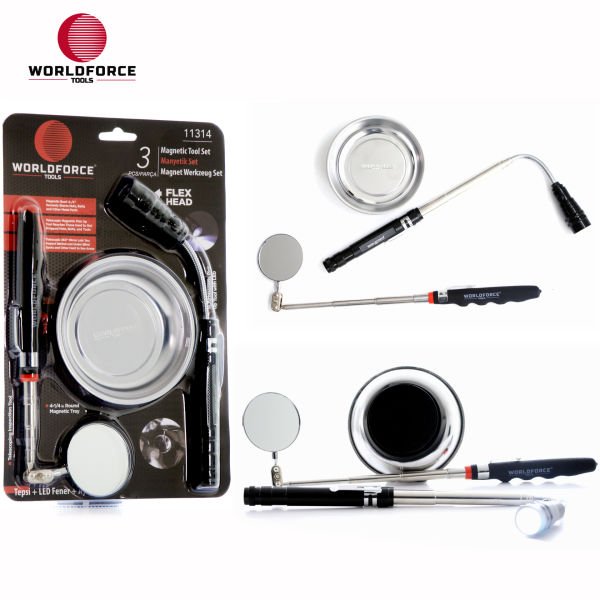 Manyetik Set 3\'lü (Tepsi + LED Fener + Ayna)