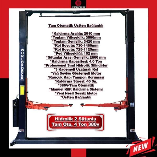 Hidrolik Lift İki Sütunlu 4 Ton 380V Tam Otomatik Üstten Bağlantılı