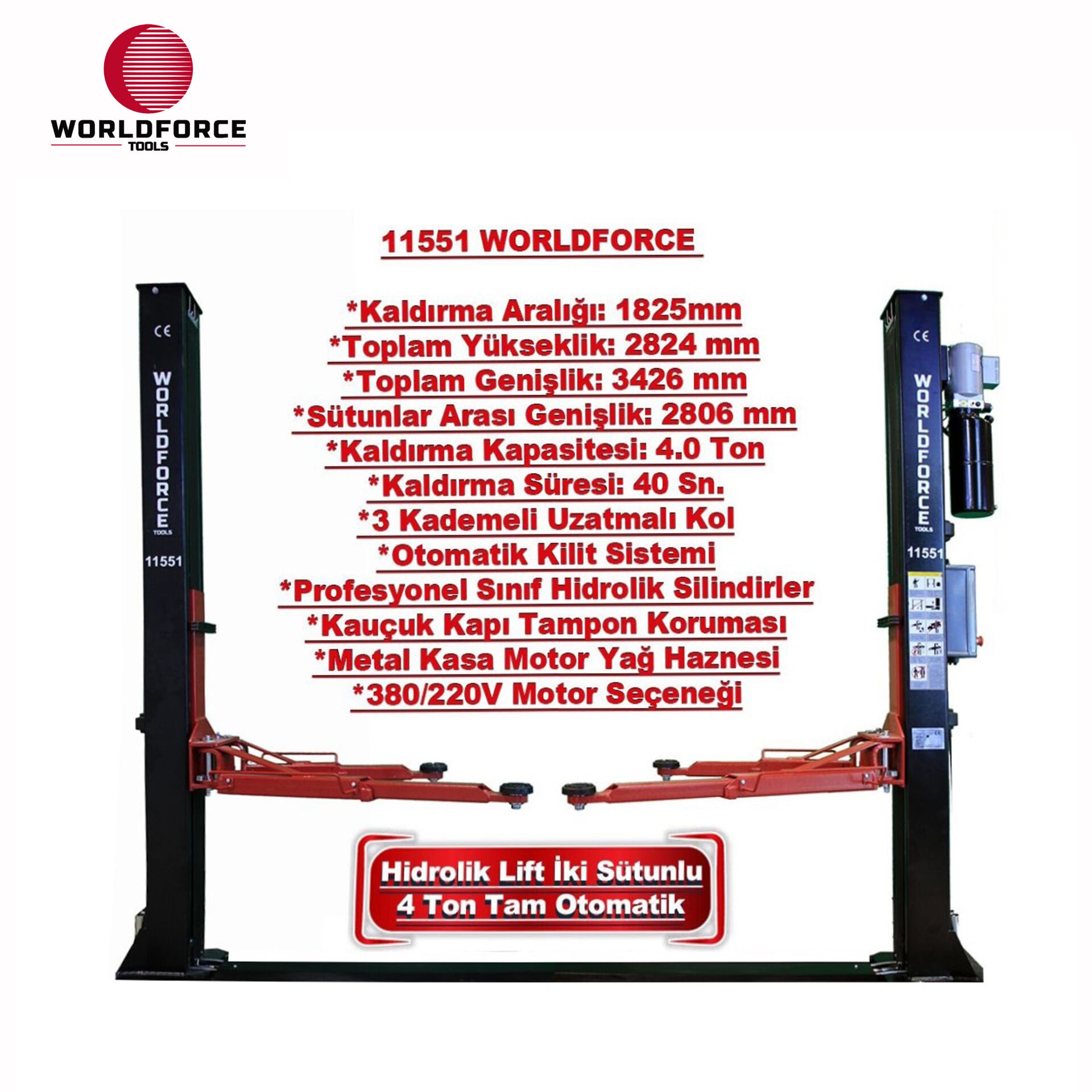 Hidrolik Lift İki Sütunlu 4 Ton 380/220V Tam Otomatik