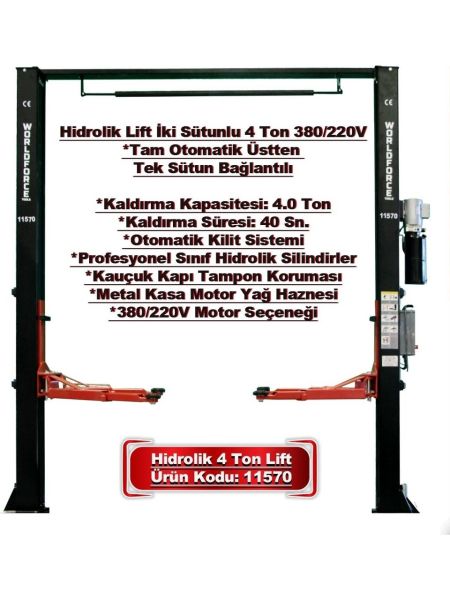 Hidrolik Lift İki Sütunlu 4 Ton 380/220V Tam Otomatik Üstten Bağlantılı
