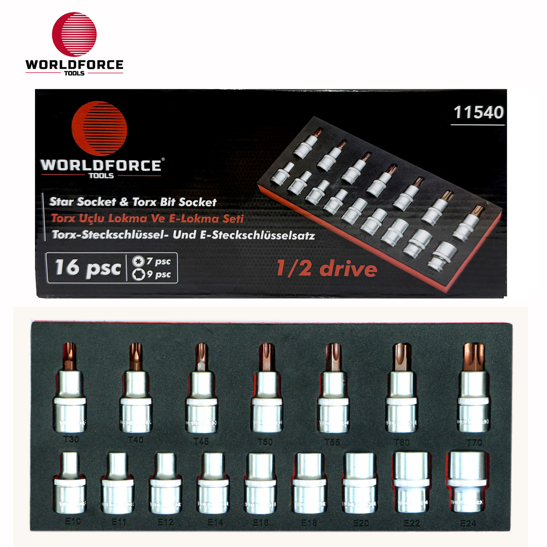 Torx Uçlu Lokma Ve E Lokma Seti 16 Parça 1/2'' (E10-E24, T30-T70)